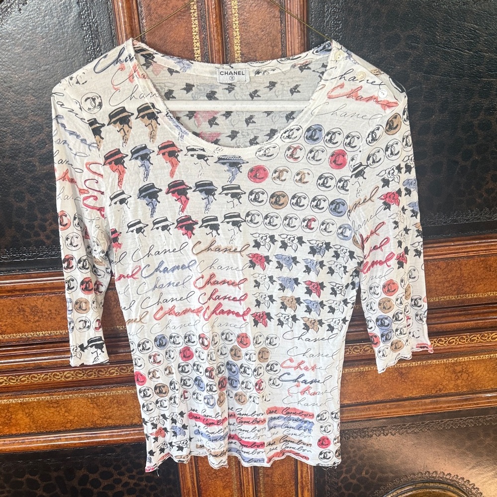 Chanel White Multicolor Graphic Long Sleeve Top